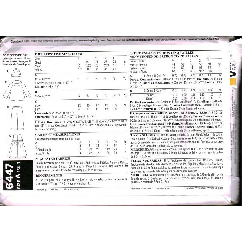 New Look 6447 Kids Sewing Pattern Toddler Jacket Dress Pants Hat Size 1 ...