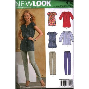 May include: New Look sewing pattern 611C featuring illustrations of various tops and pants. The package displays a model wearing a dark patterned tunic and light gray pants, alongside technical drawings of five garment variations in different colors.