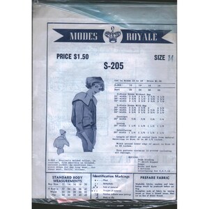 May include: A vintage Modes Royale sewing pattern envelope S-205 for a two-piece dress. The front features a blue and white illustration of a person wearing a jacket with a large collar, along with size charts, fabric requirements in inches, and notions.