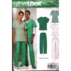 May include: A sewing pattern for scrubs. The pattern includes several scrub top and pant designs. The image shows a man and woman wearing green scrubs. The pattern is labeled "New Look" and includes the text "English, Français, Español."