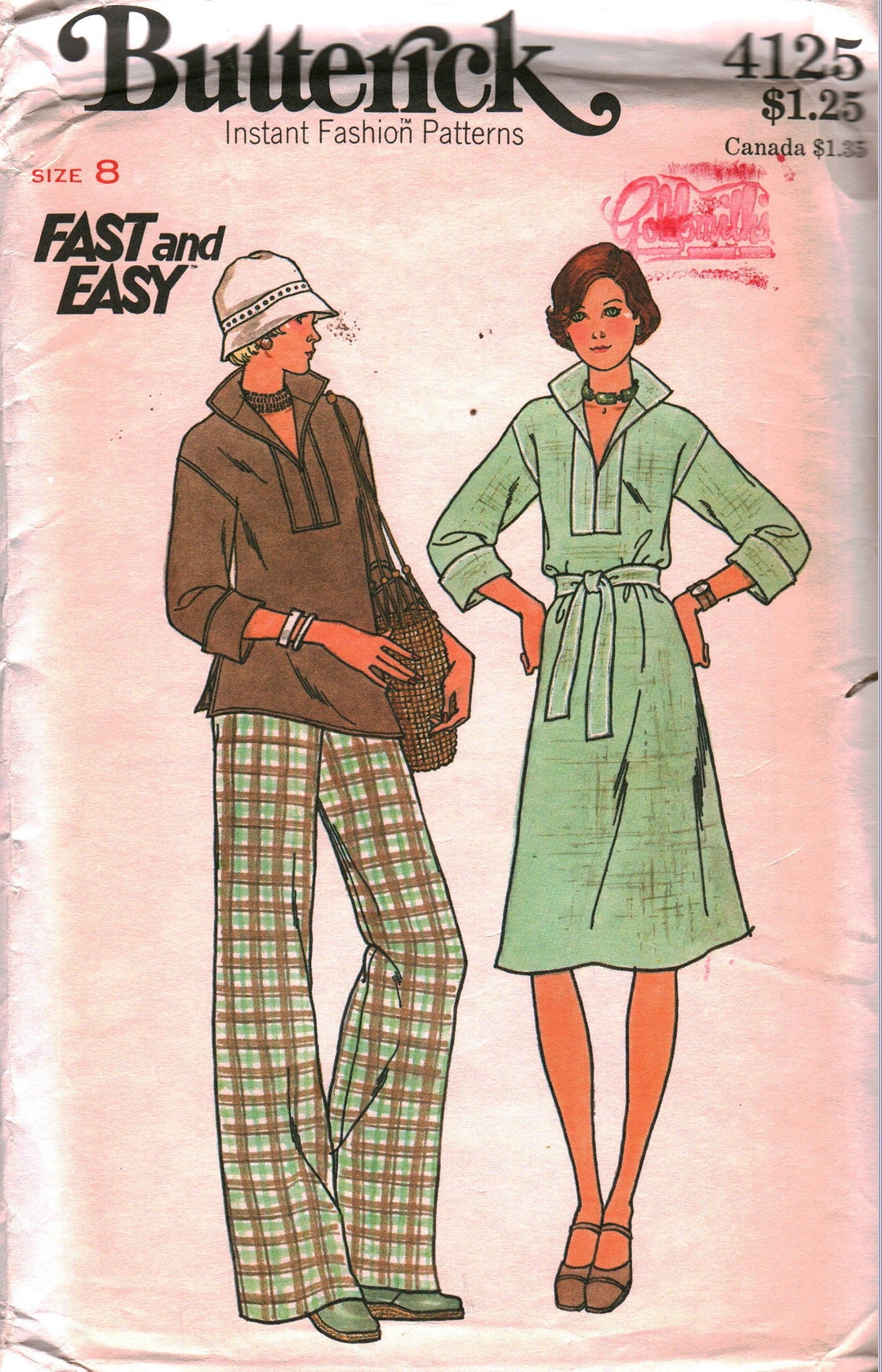 4125 Vintage Butterick Sewing Pattern Misses 1970s Dress Tunic Pants ...