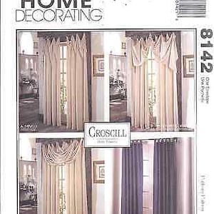 May include: A sewing pattern for curtains, featuring four different styles. The pattern includes instructions for a swag valance, a tailored valance, and two different types of curtains. The pattern is from McCall's Home Decorating and is number 8142.