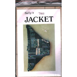 May include: A sewing pattern envelope labeled Sally's 7000 JACKET featuring a photograph of a patchwork jacket. The jacket is constructed from various fabric panels in shades of dark blue, teal, and green, displaying floral and geometric prints.