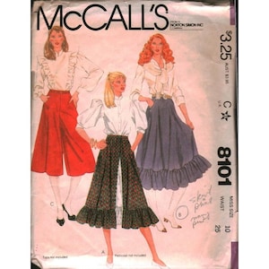 May include: McCall's sewing pattern featuring illustrations of women's clothing designs. The pattern includes options for a skirt, pants, and a skirt-pant combination. The pattern number is 8101, with a waist size of 25 and a miss size of 10.