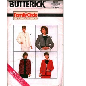 May include: Butterick sewing pattern 4036, Family Circle Collection, sizes 12-14-16. The envelope displays four jacket variations: a white blazer, a black and white houndstooth cropped jacket, a black and red patterned jacket, and a red blazer.