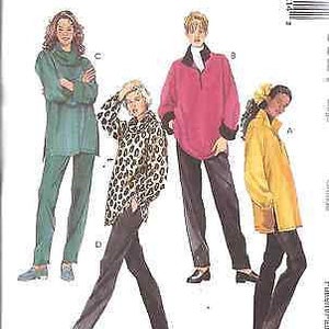 May include: A sewing pattern featuring four different clothing designs. The designs include a green tunic with matching trousers, a pink tunic, a leopard print tunic, and a yellow jacket. The pattern is titled "McCall's" and includes "Overlock/Serger Tips".