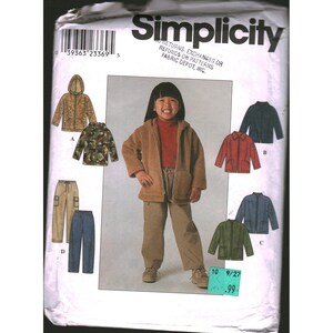 May include: Simplicity sewing pattern for children's jackets and pants. The pattern features a girl wearing a brown hooded jacket and tan pants. Additional jacket styles in navy, red, and green are shown. The pattern includes the text "Simplicity".