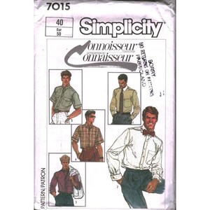 May include: Simplicity Connoisseur Collection sewing pattern 7015. The pattern features illustrations of men's shirts in various styles, including short and long sleeves, with and without ties. The pattern includes sizes 40 and Eur 50.