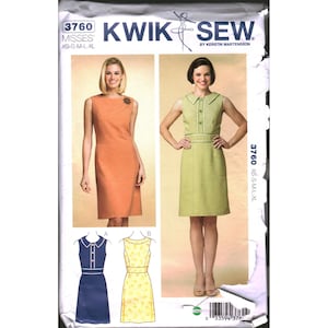 May include: Kwik Sew pattern 3760 for misses' dresses. The pattern includes designs for sleeveless dresses in various styles. The image shows two completed dresses in orange and green, along with illustrations of other dress options. Sizes XS-XL.