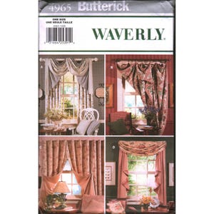 May include: A Butterick sewing pattern with Waverly fabric designs. The image displays different window treatment styles, such as curtains and valances, with detailed illustrations. The pattern number, fabric brand, and size details are also visible.