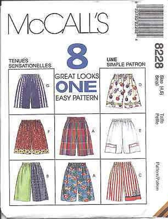 8228 Mccalls SEWING Pattern Childs EASY Loose Fitting Shorts Seam