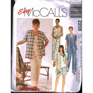 May include: Easy McCall's sewing pattern 2208 featuring illustrations of clothing sets including a plaid jacket, solid top, and pants, a floral print maxi dress, and a solid blue top with matching pants. The package includes size K.