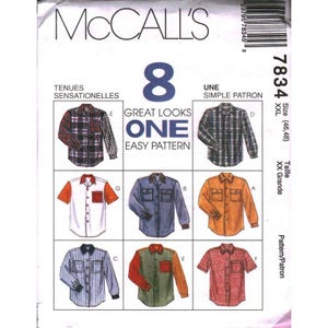 May include: A McCall's 7834 sewing pattern envelope for shirts in size XXL. The front displays illustrations of eight different shirt designs, including long and short-sleeved options in various colors, patterns, and textures, with the text 8 GREAT LOOKS ONE EASY PATTERN.