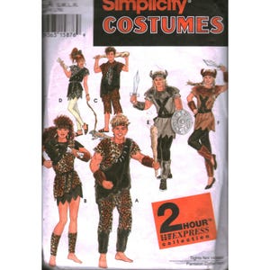 May include: Simplicity Costumes pattern featuring various caveman and warrior outfits. The cover displays multiple costume designs, including animal print and faux fur garments, with accessories like clubs and swords. The text "2 Hour Express Collection" is visible.