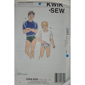 May include: Kwik Sew pattern 2464 for underwear in sizes 2-4-6-8-10-12-14-16. The envelope features illustrations of two figures wearing t-shirts and different styles of underwear, one solid green and one with a small blue and white graphic print.