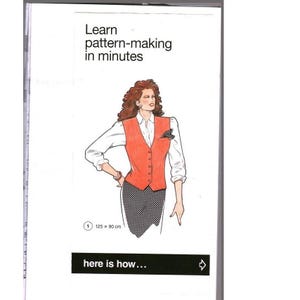 May include: A pattern-making instructional guide titled Learn pattern-making in minutes and here is how... featuring an illustration of a person wearing a white long-sleeved shirt, an orange button-down vest, and a black and white patterned skirt, 125 x 90 cm.