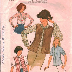 May include: A sewing pattern for a contemporary fashion design. The pattern includes three different looks: a brown vest with a plaid shirt, a floral print blouse with a skirt, and a striped vest with a white blouse. The pattern is for size 10, miss. The pattern number is 8065.