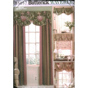 May include: A Butterick B5057 Waverly sewing pattern envelope featuring illustrations of window treatments. The designs include floral valances, striped curtains, and patterned shades in shades of green, pink, and brown for home decor projects.