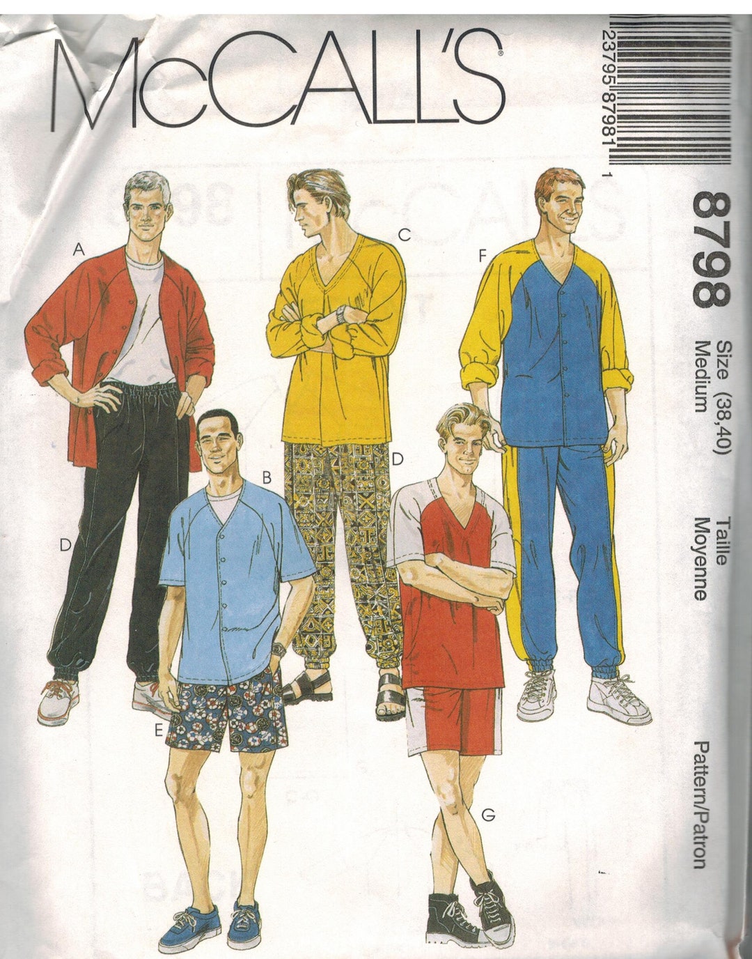 8798 Vintage Mccalls SEWING Pattern Mens Warmups Pjs Top Pull on Pants ...