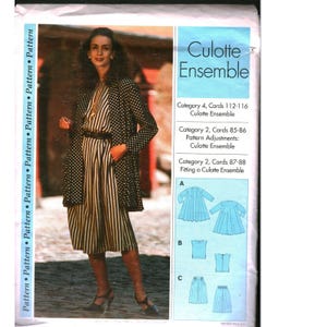 May include: A sewing pattern envelope for a Culotte Ensemble featuring a black and white polka dot jacket over a striped dress. The package includes text labels for Category 4, Cards 112-116, Category 2, Cards 85-86, and Category 2, Cards 87-88.