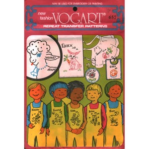 May include: A Vogart repeat transfer pattern packet featuring illustrations of a lamb, a rabbit, an apron, a bib, and five children wearing overalls with various animal and nature motifs. The text includes "New Fashion Vogart 657" and "May be used for embroidery or painting" along with phrases like "Quick as a", "Sweet as a", "Easy as", "Happy as a", "Gentle as a", "Cool as a", "Wise as an", and "Busy as a".