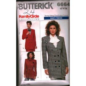May include: Butterick 6664 sewing pattern envelope featuring three jacket variations. One jacket is solid red, one is a textured red, and one is a black and white houndstooth pattern. Each jacket features a double-breasted front and long sleeves.
