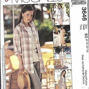 Può includere: Un cartamodello per una camicia a quadri, un abito senza maniche e un gilet. Il cartamodello è per le taglie 8-10-12-14. Il cartamodello si chiama McCall's 3646.
