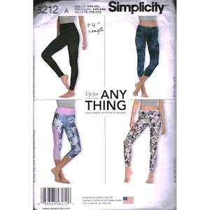 May include: Simplicity sewing pattern 8212 for leggings in sizes XXS-XXL. The envelope displays four variations: solid black full-length leggings, blue tie-dye capris, floral print capris with pink side panels, and a patterned full-length legging.
