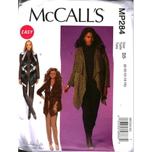 May include: McCall's sewing pattern MP284 for sizes B5 (8-10-12-14-16). The envelope features illustrations of three variations of a long-sleeved or sleeveless open-front cardigan or vest in textured brown and black fabric patterns.