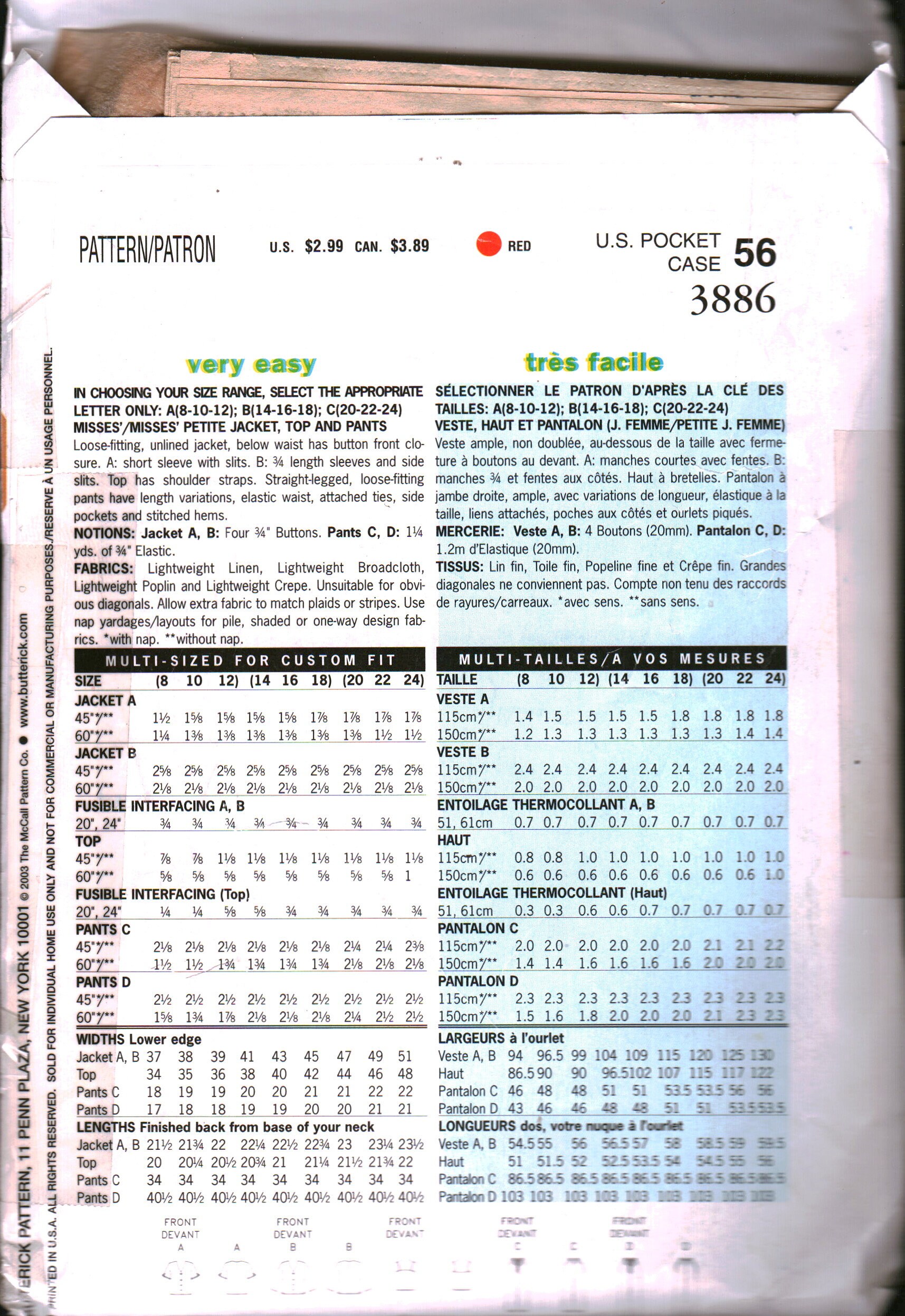 3886 Butterick Vintage SEWING Pattern Misses' Jacket Top Pants OOP - Etsy
