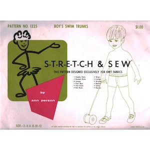 May include: Vintage sewing pattern for boy's swim trunks. The pattern features a stick figure illustration and a line drawing of a boy in swim trunks. The text reads "S-T-R-E-T-C-H & SEW" and "This pattern designed exclusively for knit fabrics."