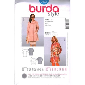 May include: A Burda Style 7072 sewing pattern envelope featuring two coat designs. One view shows a solid light pink coat with a collar and pockets, while the other displays a floral print coat in shades of orange, pink, and green. Includes size charts.