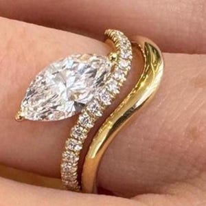Marquise Cut Moissanite Engagement Ring, Gold Twist Band, Unique Vintage Style Bridal Ring, Ethical Diamond Alternative