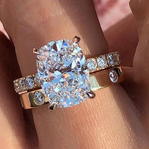 3 CT Elongated Cushion Moissanite Engagement Ring Set • Solitaire Ring with 2.5mm Moissanite Gold Band • Bridal Anniversary Set
