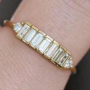 Baguette And Round Cut Moissanite Wedding Band, Half Eternity Baguette Cut wedding band, Unique Stacking Ring, Wedding Anniversary Gift