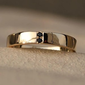 14k Gold Wedding Band - Solid Gold Line Pave Ring with Tiny Diamond Cluster - Thick & Wide Unisex Gold Ring for Women Men