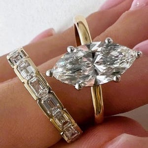 2 CT Marquise Moissanite Engagement Ring, Hidden Halo Bridal Set, 2.5 CT Emerald Eternity Band, Yellow Gold Wedding Gift for Her