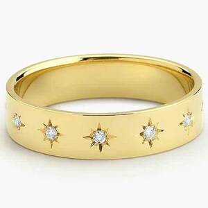 Star Set Diamond Band • 14K Gold Celestial Wedding Ring • Unique Stacking Ring • Wide Gold Band • Gift for Her or Him