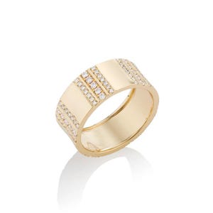 5.5mm Wide Gold Diamond Band • 1.5mm Pave Set Multi Row Ring • 14K Solid Gold Statement Wedding Band • Unisex Thick Gold Ring