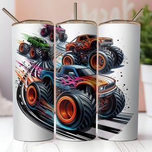 Monster Trucks Tumbler Wrap: Kids Racing Design (20oz Skinny PNG Digital File)