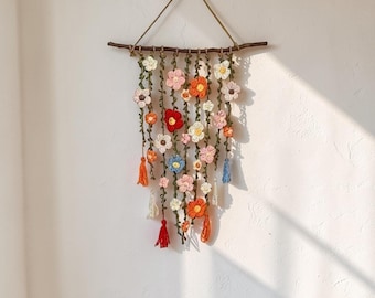 Crochet Flower Wall Hanging, Boho Floral Decor, Handmade Nursery Bedroom Art