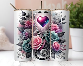 Emballage de gobelet pour infirmière PNG : conception florale de stéthoscope (téléchargement numérique)