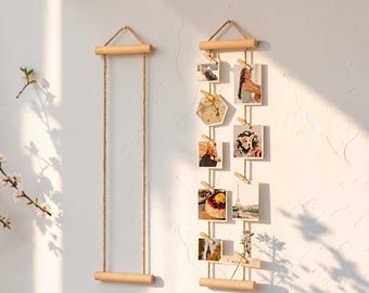 Wood Photo Display Hanger, Boho Picture Organizer with 15 Clips, Dorm Wall Decor