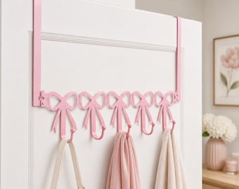 Over Door Bow Hook Rack, Pink Girls Room Organizer, Towel Hanger, Nursery Door Decor