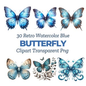 Clipart farfalle blu, PNG farfalla acquerello, grafica farfalla trasparente, illustrazioni farfalla azzurra, download digitale
