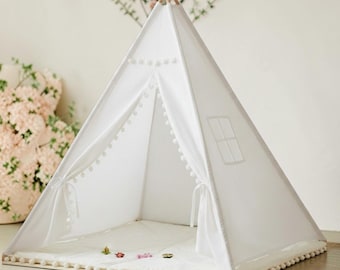 Kids Teepee Tent, White Canvas Playhouse, Indoor Reading Nook, Nursery Room Decor