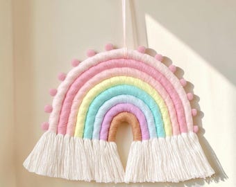 Macrame Rainbow Wall Hanging, Boho Nursery Decor, Pastel Baby Room Gift, Kids Bedroom Art