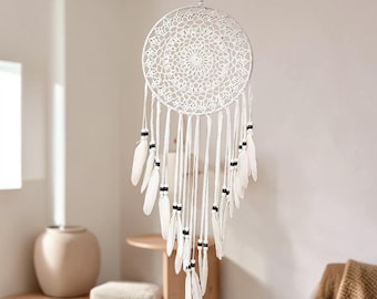 White Dreamcatcher Wall Hanging, Crochet Feather Decor, Boho Bedroom Nursery Ornament