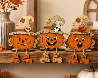 Halloween Pumpkin Decor Set, 3 Wooden Witch Hat Figurines, Fall Tiered Tray Ornaments