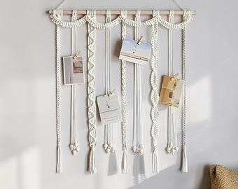 Macrame Photo Display, Boho Wall Hanging with Clips, Cream Picture Holder for Bedroom Decor